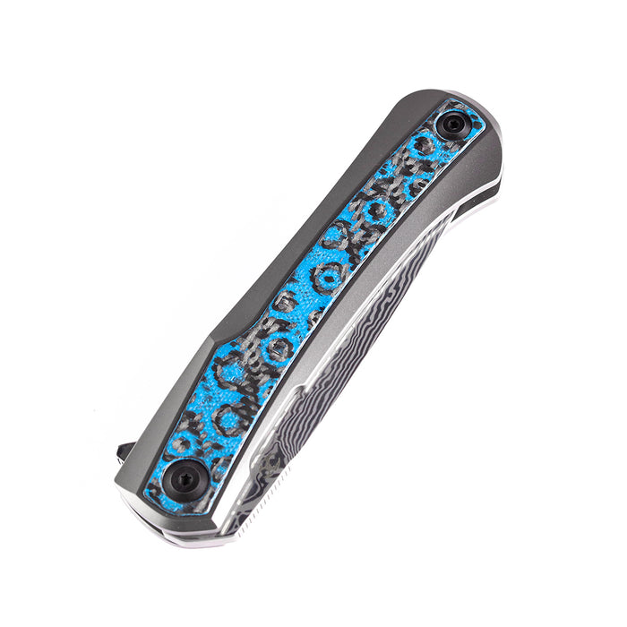 KANSEPT Kratos Flipper Knife Titanium +  Blue Rose Pattern Carbon Fiber Inlay Handle (3.79‘'Damascus Blade)Ostap Hel Design-K1024A4