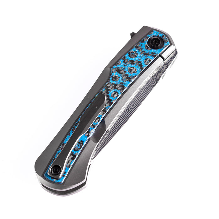 KANSEPT Kratos Flipper Knife Titanium +  Blue Rose Pattern Carbon Fiber Inlay Handle (3.79‘'Damascus Blade)Ostap Hel Design-K1024A4