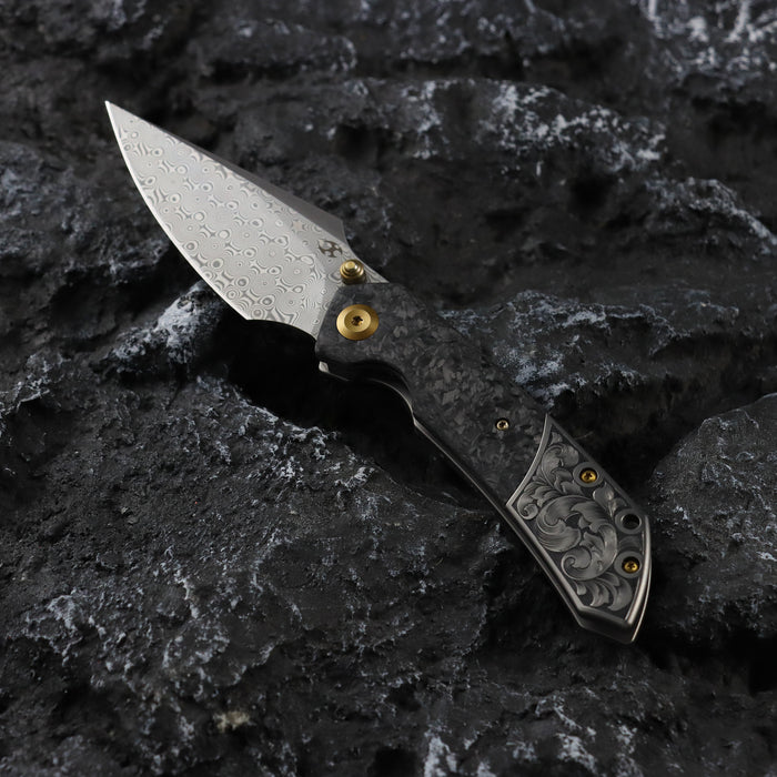 KANSEPT Special Custom Hand Engraved Fenrir Beadblasted Titanium and Shred Carbon Fiber Handle (3.48'' Damascus Blade) Greg Schob Design