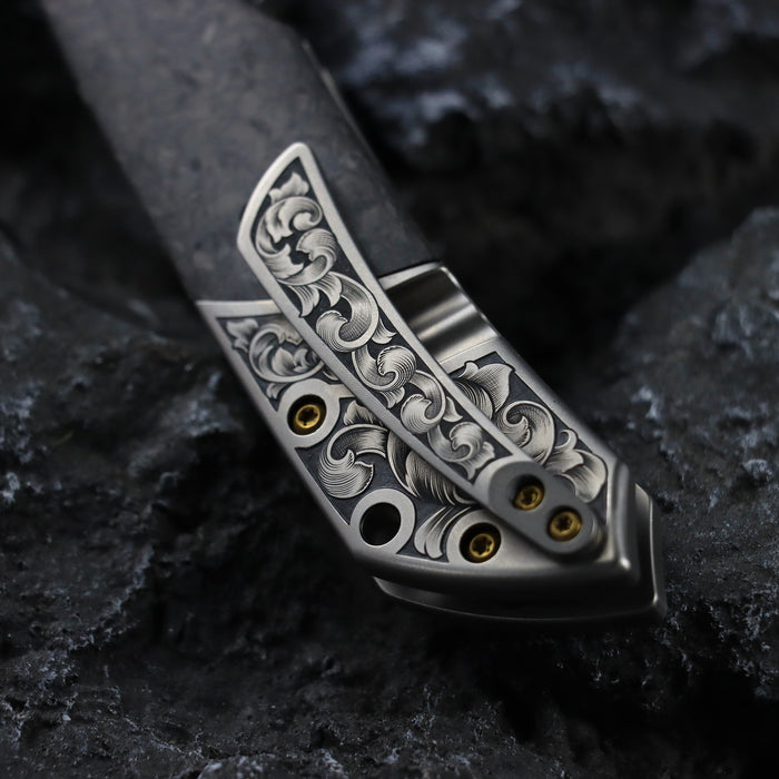 KANSEPT Special Custom Hand Engraved Fenrir Beadblasted Titanium and Shred Carbon Fiber Handle (3.48'' Damascus Blade) Greg Schob Design