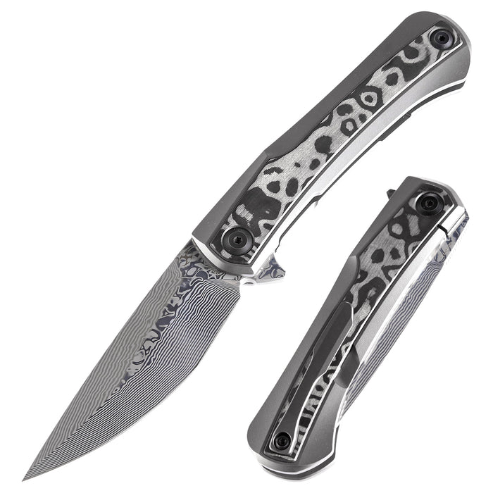 KANSEPT Kratos Flipper Knife Titanium + Black Rose Pattern Carbon Fiber Inlay Handle (3.79‘'Damascus Blade)Ostap Hel Design-K1024A5