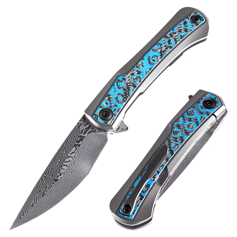KANSEPT Kratos Flipper Knife Titanium +  Blue Rose Pattern Carbon Fiber Inlay Handle (3.79‘'Damascus Blade)Ostap Hel Design-K1024A4
