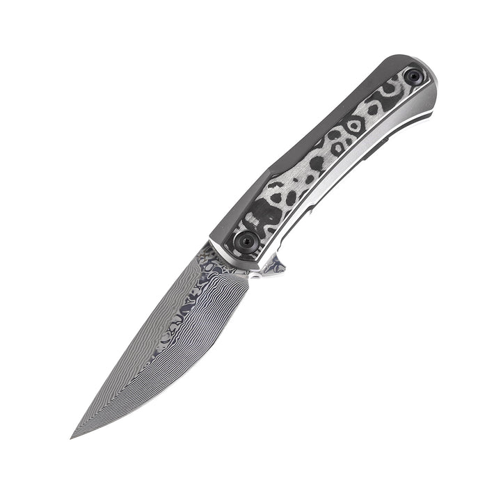 KANSEPT Kratos Flipper Knife Titanium + Black Rose Pattern Carbon Fiber Inlay Handle (3.79‘'Damascus Blade)Ostap Hel Design-K1024A5