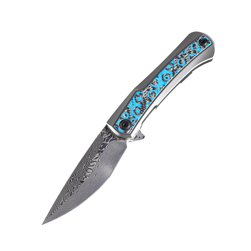 KANSEPT Kratos Flipper Knife Titanium +  Blue Rose Pattern Carbon Fiber Inlay Handle (3.79‘'Damascus Blade)Ostap Hel Design-K1024A4