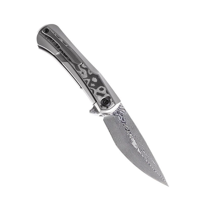 KANSEPT Kratos Flipper Knife Titanium + Black Rose Pattern Carbon Fiber Inlay Handle (3.79‘'Damascus Blade)Ostap Hel Design-K1024A5