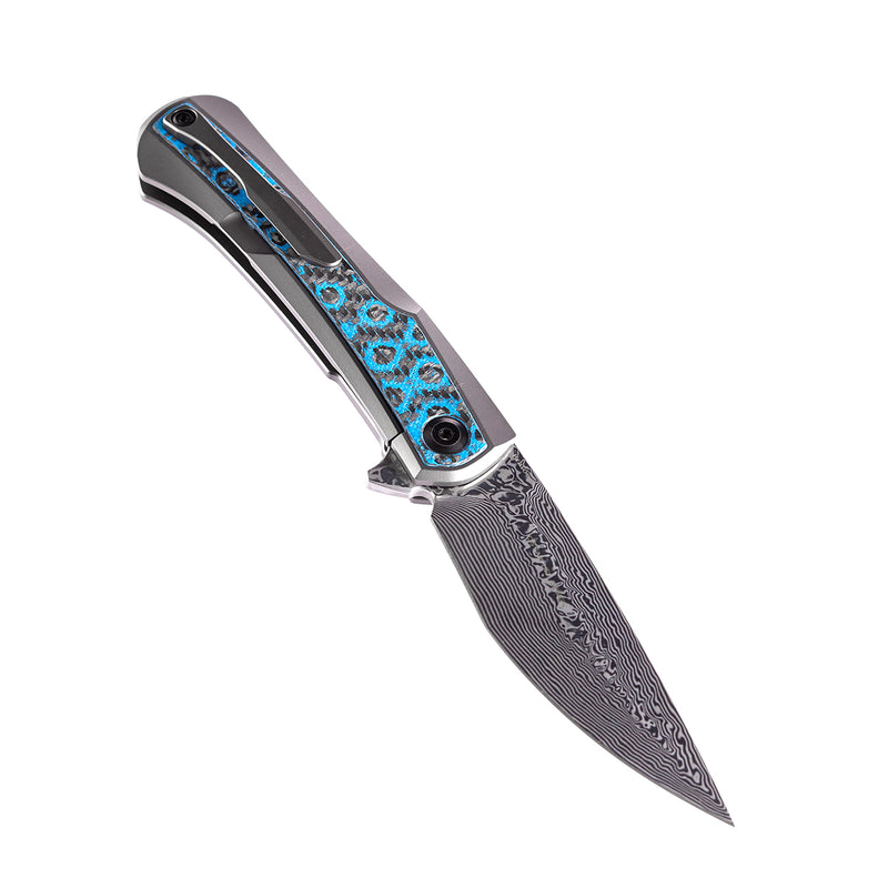 KANSEPT Kratos Flipper Knife Titanium +  Blue Rose Pattern Carbon Fiber Inlay Handle (3.79‘'Damascus Blade)Ostap Hel Design-K1024A4