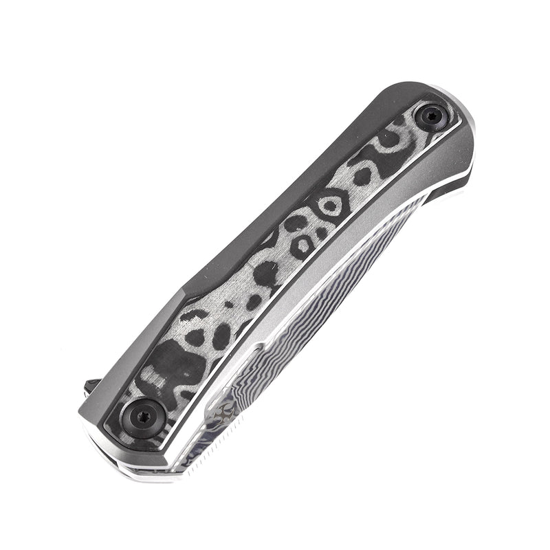 KANSEPT Kratos Flipper Knife Titanium + Black Rose Pattern Carbon Fiber Inlay Handle (3.79‘'Damascus Blade)Ostap Hel Design-K1024A5