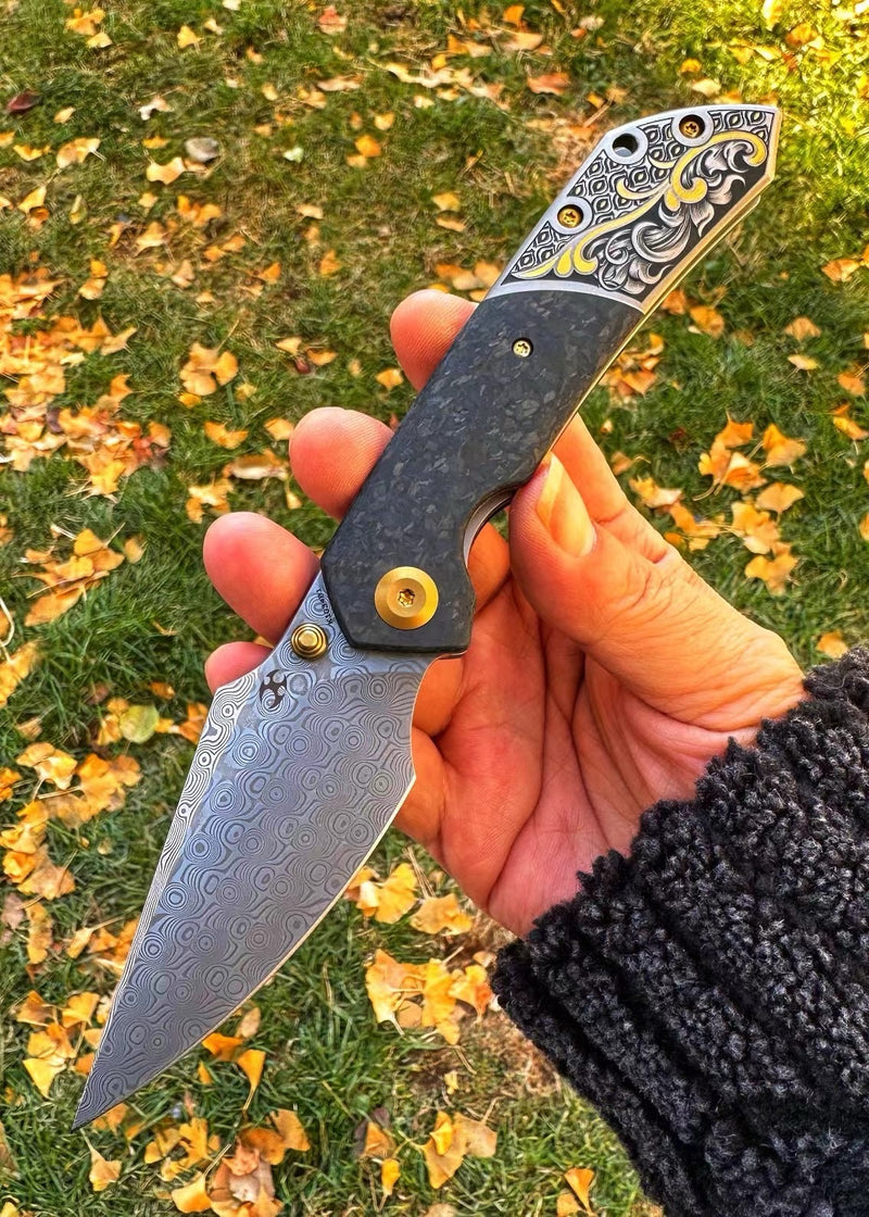 KANSEPT Special Custom Hand Engraved Fenrir Beadblasted Titanium and Shred Carbon Fiber Handle (3.48'' Damascus Blade) Greg Schob Design