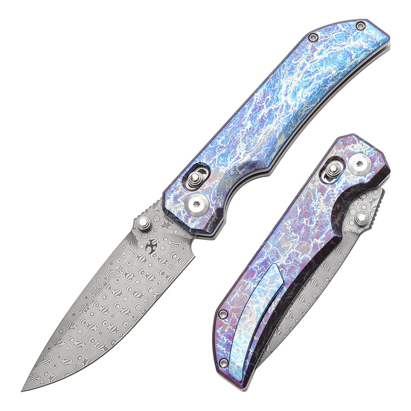 KANSEPT Eaglestrike Crossbar Lock Knife Titanium with Lightning Strike Finish Handle(3.73'' Damascus Blade) James Lowe Design-K1095V1