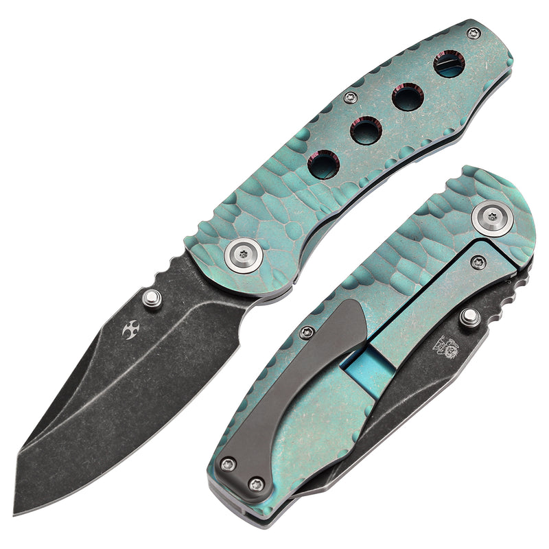 KANSEPT Caveman Thumb Stub Green Anodized and Stonewashed Titanium with CNC-machined Rock Pattern Handle (3.57" CPM 20CV Blade) with Jesse Pauley Design-K1110A3