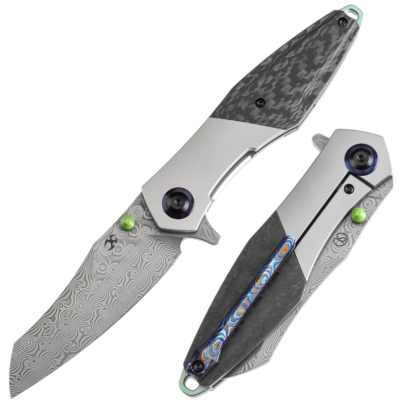 KANSEPT Thumb Stub Mistaken Beadblasted Titanium and Twill Carbon Fiber  (3.15" Damascus) Jonathan Styles Design- K1053D1