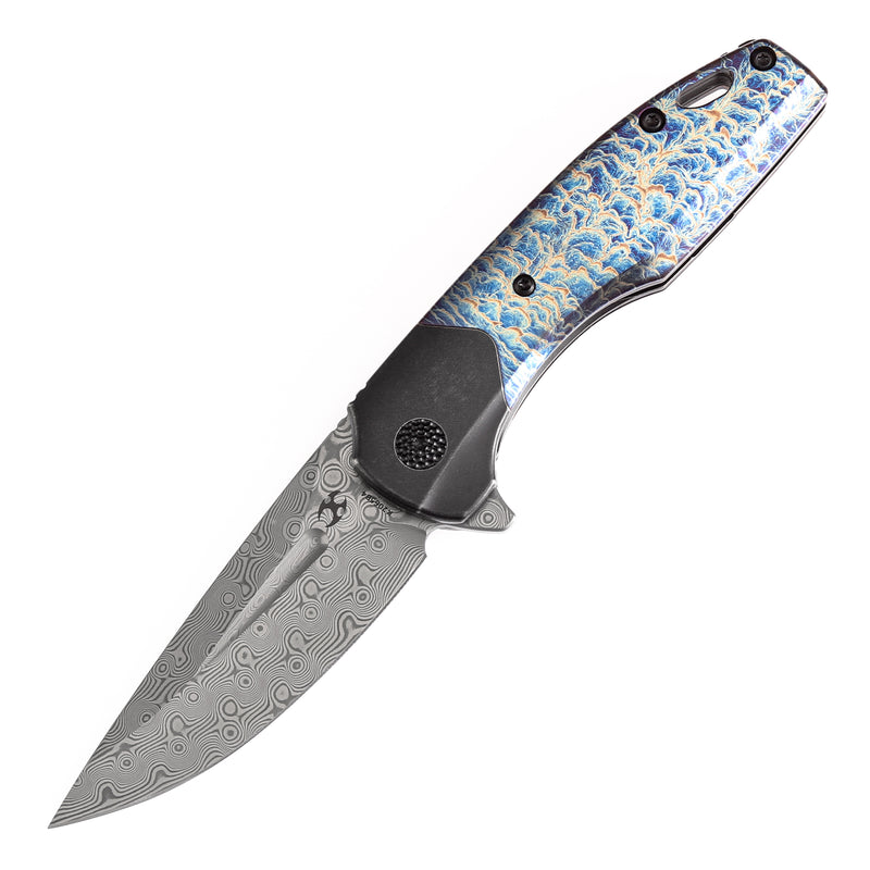 KANSEPT Cassowary Flipper Black Stonewashed Titanium and Lightning Strike Finish Titanium Handle (2.9''Damascus Blade ) Koch Tools Design -K2065B4