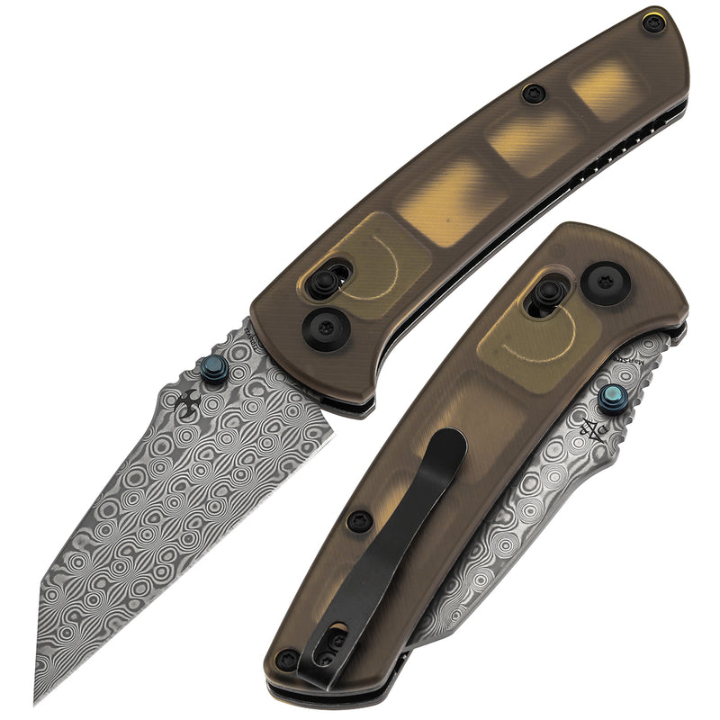 KANSEPT Main Street Thumb Studs/Crossbar Lock Knife Amber PEI/Ultem Handle (3.36''Damascus Blade) Dirk Pinkerton Design-T1015V12