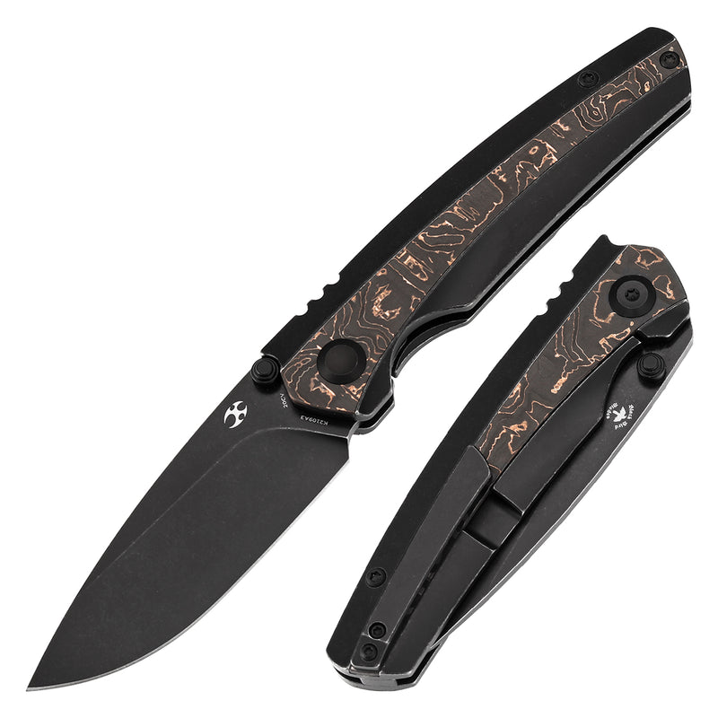 KANSEPT Thumb Stub RavenBlackwash Titanium wtih Copper Carbon Fiber Handle (3.13" CPM 20CV Blade) with Black Bird Blades Design-K2109A3