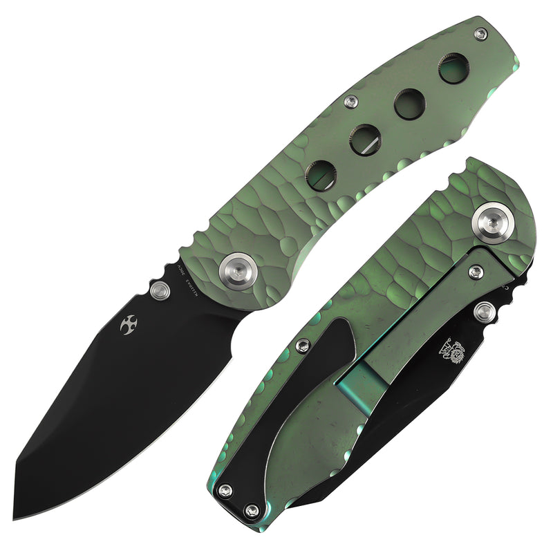 Kansept Caveman | Frame Lock | Green Anodized and Stonewashed Titanium with CNC-machined Rock Pattern | 3.57" CPM 20CV Blade |  Jesse Pauley Designed | K1110A3