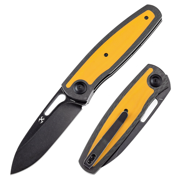 KANSEPT Mato K1050A3 Black Stonewashed CPM-S35VN Blade Twill Carbon Fiber +Yellow G10 Handle with Villella Knives Design