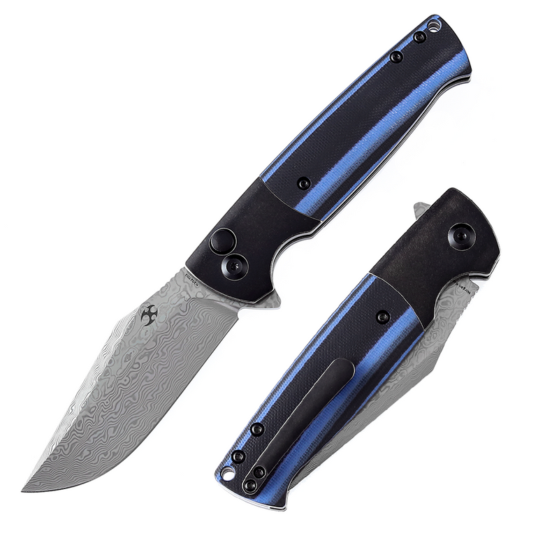 Shikari SBL  Button Lock K2027D2 Damascus Blade Black Stonewashed Titanium +Blue Black G10 Handle with Morgan Koens Dessign