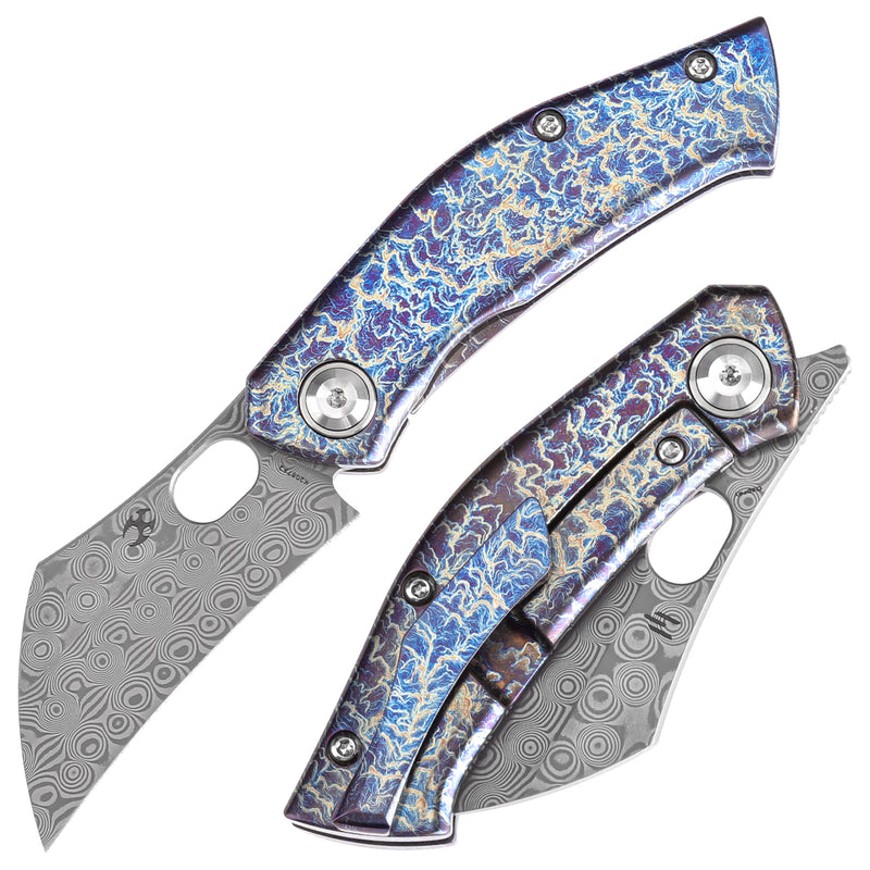 KANSEPT Osprey Thumb Hole Knife Lightning Strike Anodized Titanium Handle (2.23'' Damascus Blade) Johnathan Shaw Design - K2087A2