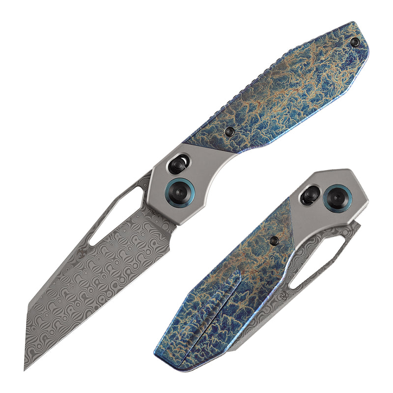 Kansept QTRO | Crossbar Lock | Stonewashed Titanium &  Lightning Strike Finish Ti Inlay | 3.59" Damascus Blade | Luft Concepts Designed |K1118VA2