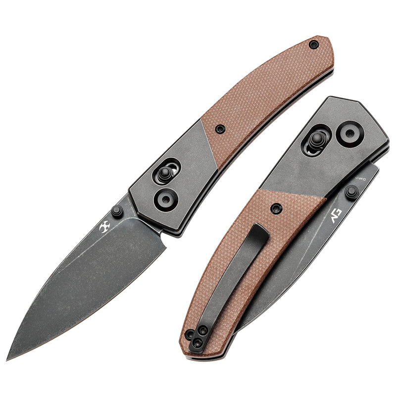 KANSEPT Dako Cross Bar Lock Titanium with Brown Micarta Handle (3.19“ CPM S35VN Blade) with Eddy M Design-K1101V6