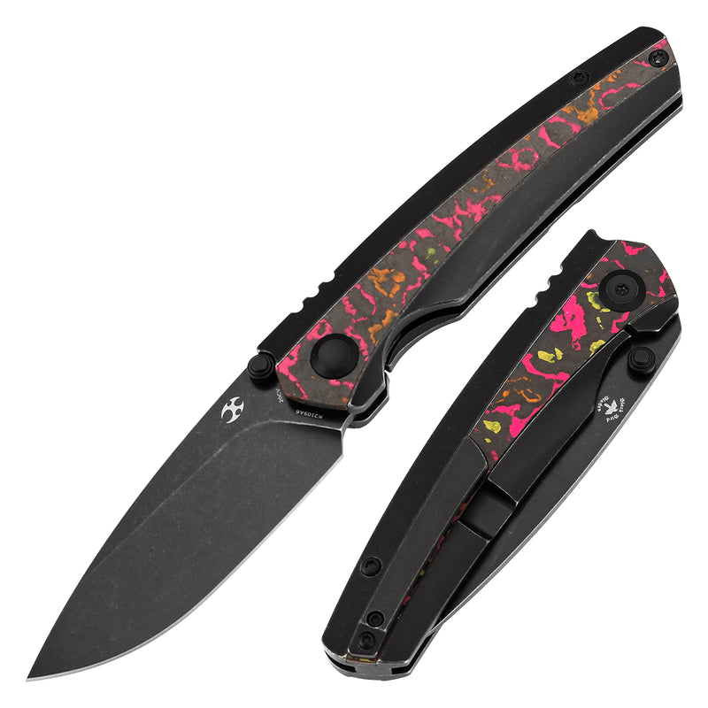 KANSEPT Thumb Stub Raven Blackwash Titanium wtih Flo Party Camocarbon Handle (3.13" CPM 20CV Blade) with Black Bird Blades Design-K2109A6