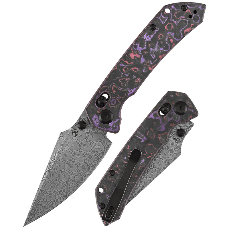 Kansept Fenrir | Crossbar Lock |  Purple Haze Fatcarbon | 3.48" Damascus Blade | Sparrow Knife Design | K1034V9