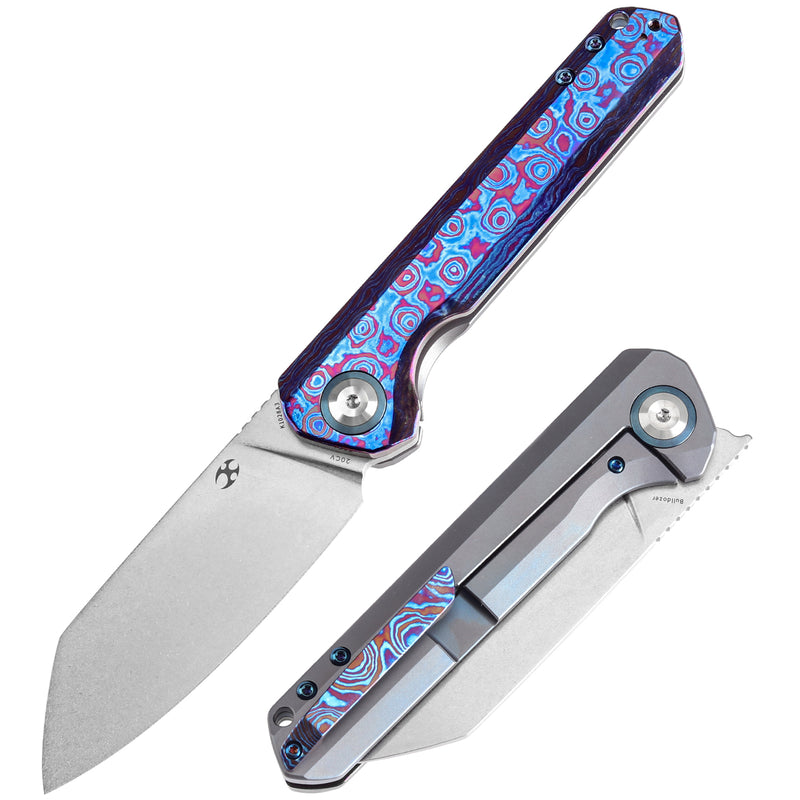 KANSEPT Bulldozer Front Filpper Timascus and Blue Anodized Titanium Handle with Timascus Clip (3.56" CPM-20CV Blade) Kim Ning Design-K1028A3