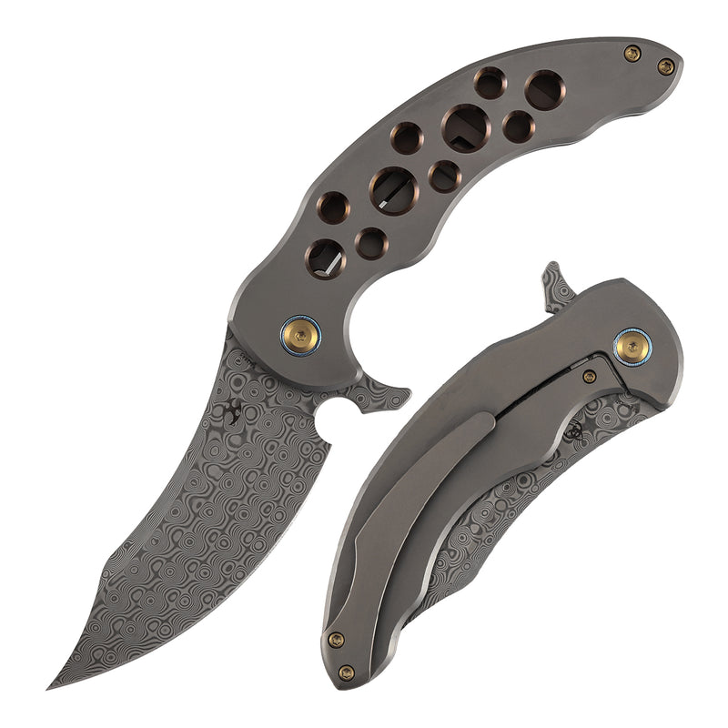 KANSEPT Gilgamesh Flipper Bronze Anodized Titanium with Holes Handle ( 3.75" Damascus Blade) Andreas Goltz Designed- K1128A5