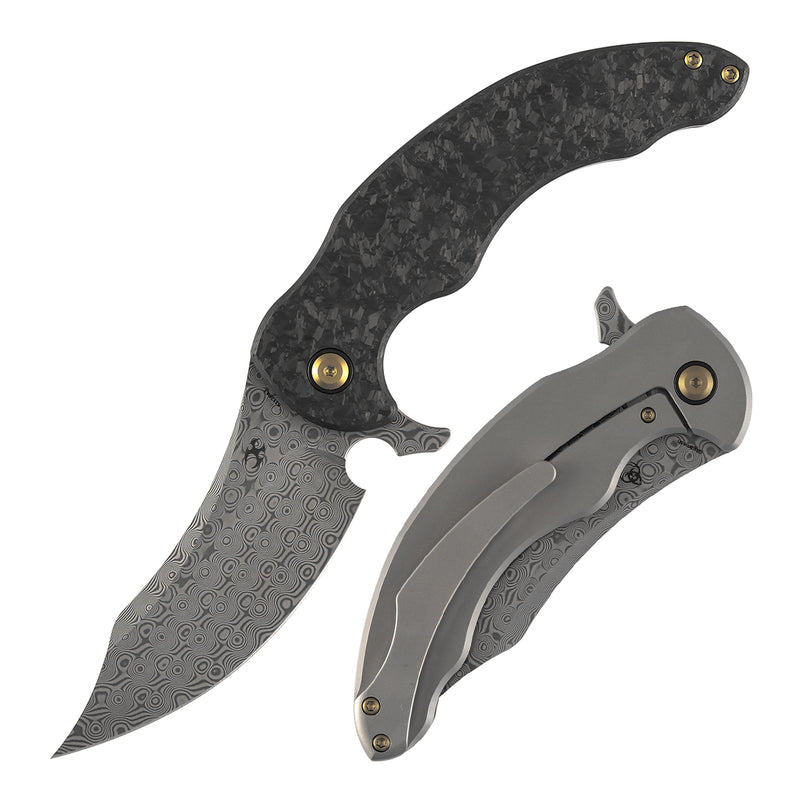 KANSEPT Gilgamesh Flipper Shred Carbon Fiber with Beadblasted Titanium Handle ( 3.75" Damascus Blade) Andreas Goltz Designed- K1128A3