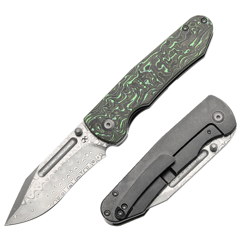 KANSEPT Superhawk Thumb Stub Knife Blackwash Titanium & Green Carbon Fiber Handle(3.89''Damascus Blade) Warhawk Knives Design-K1084B3