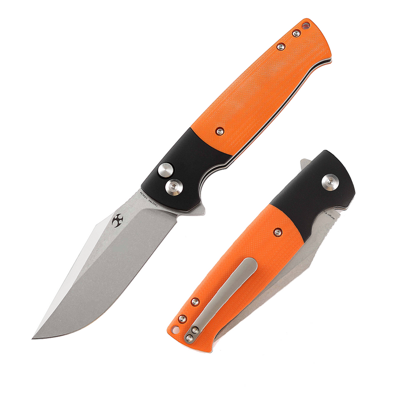 Shikari SBL  Button Lock T2027B2 Stonewashed 154CM Blade Black Aluminum + Orange G10 Handle with Morgan Koens Dessign