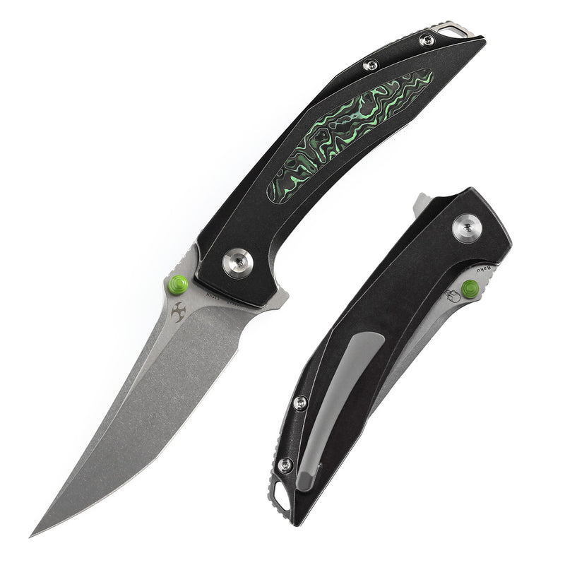 KANSEPT Baku Flipper/Thumb Hole Knife Titanium + Green Carbon Fiber Inlay Handle (3.2'' CPM-S35VN Blade) Sparrow Knife Co Design -K1056A7
