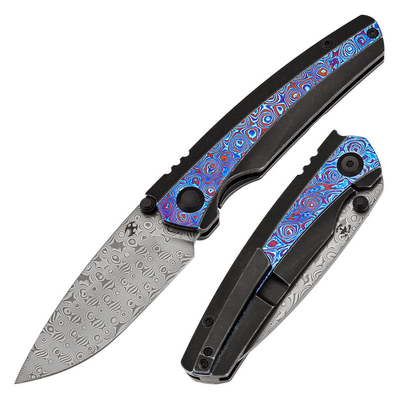 KANSEPT Thumb Stub Raven Blackwash Titanium wtih Timascus Handle (3.13" Damascus Blade) with Black Bird Blades Design-K2109A4