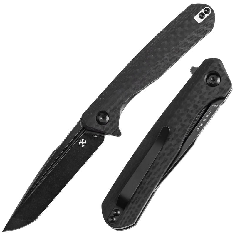 KANSEPT Qilin Flipper Black Carbon Fiber & G10 Handle (3.43''Blackwash 154CM Blade) Ostap Hel Design -T1047T1