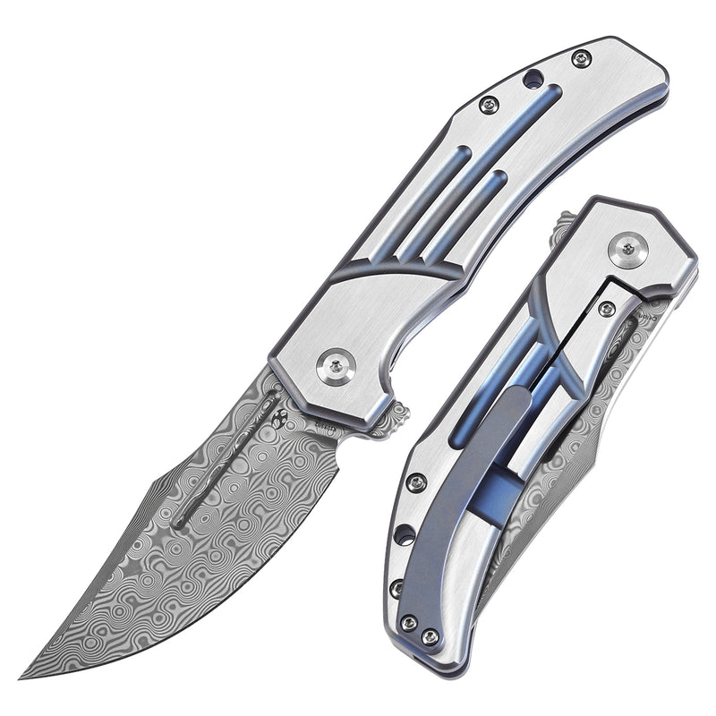 KANSEPT Orion Limited-version Flipper Blue Anodized and Machine Satin Titanium Handle (3.07''Damascus Blade) JB Stout Design -K1089B2