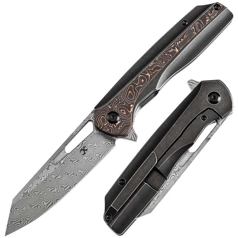 KANSEPT Shard K1006C2 Damascus Blade Blackwashed Titanium and Copper Carbon Fiber Handle With Kim Ning Design