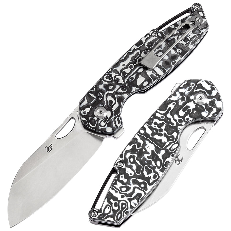 KANSEPT Model 6 Left-handed Flipper/Thumb Hole Knife Black White Carbon Fiber Handle (3.1'' CPM 20CV Blade) -K1022L2