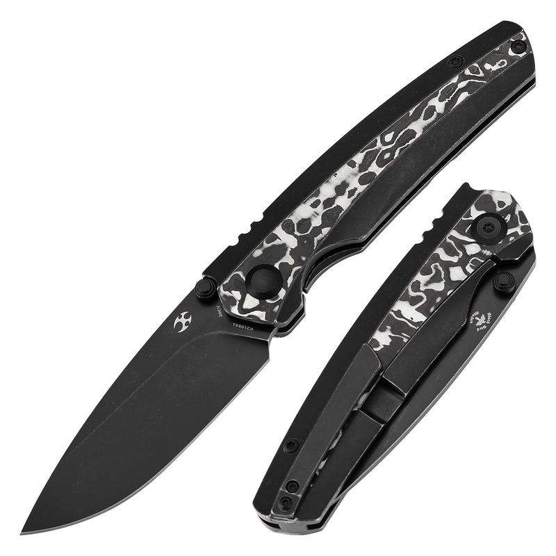 KANSEPT Thumb Stub Raven Blackwash Titanium, Black and White Nebula Carbon Fiber(3.13" CPM 20CV Blade) with Black Bird Blades Design-K2109A1