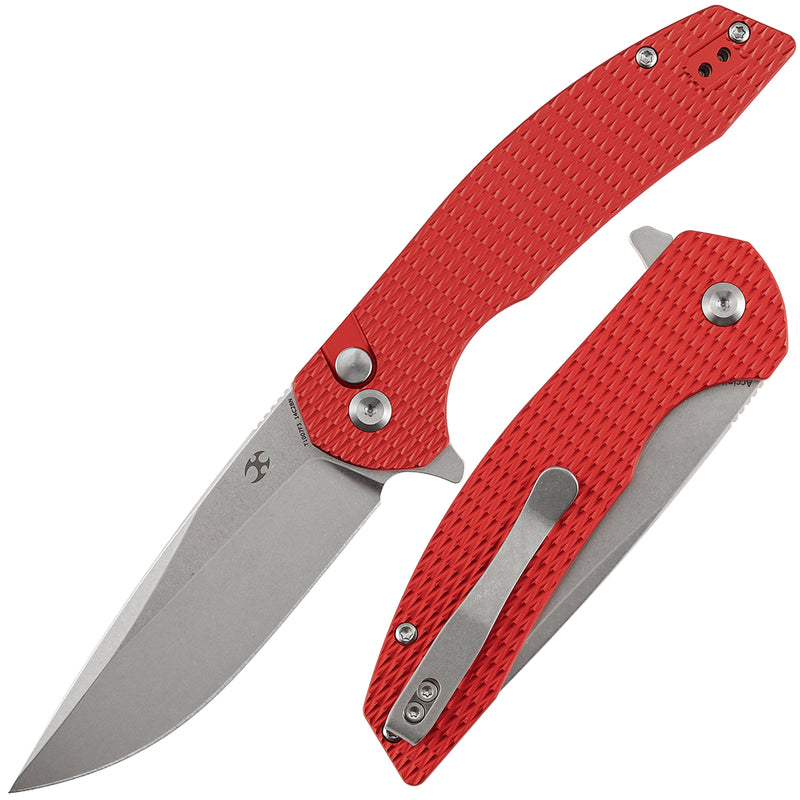 Kansept Accipiter | Button Lock | Red Anodized Aluminum with Diamond Texture | 3.53" 14C28N Blade | T1007F3