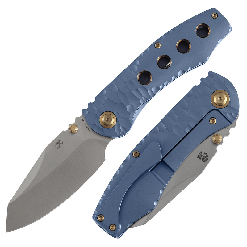 Kansept Caveman | Frame Lock | Blue Anodized and Stonewashed Titanium with CNC-machined Rock Pattern | 3.57" CPM 20CV Blade |  Jesse Pauley Designed | K1110A5