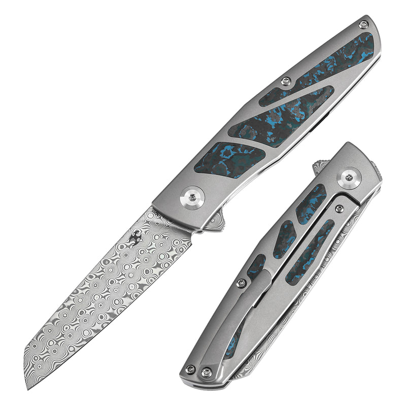 KANSEPT Cru Flipper Knife Plain Titanium & Artic Storm Fatcarbon Handle(3.46''Damascus Blade) Villella Knives Design-K1092A3