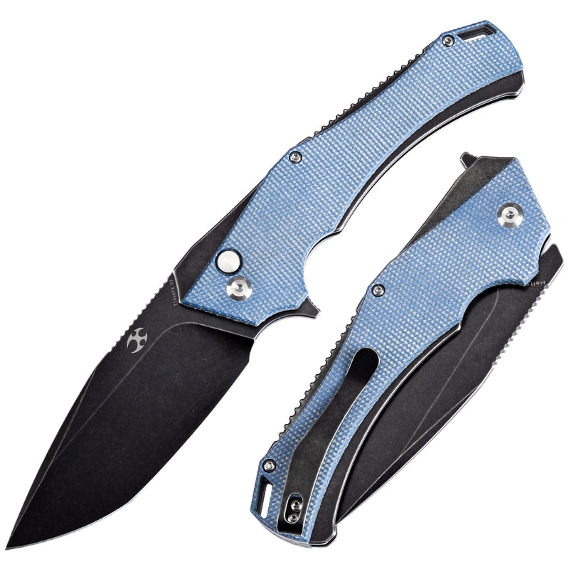 KANSEPT Hellx Button Lock Blue Micarta Handle (3.6''D2 Blade )Mikkel Willumsen Design -T1008F3