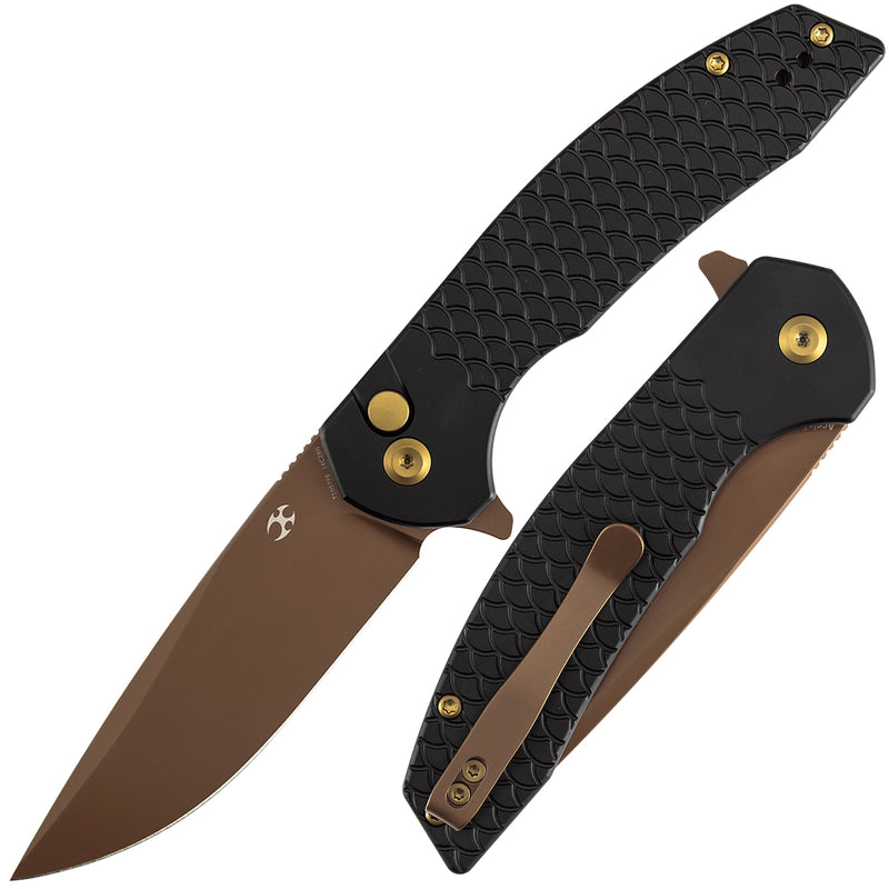 Kansept Accipiter | Button Lock | Black Anodized Aluminum with Fish Scale Texture | 3.53" Rose Gold 14C28N Blade | T1007F6