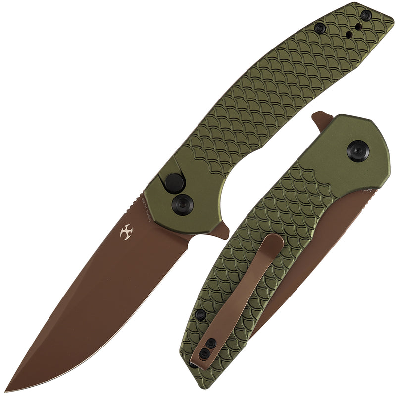 Kansept Accipiter | Button Lock | Green Anodized Aluminum with Fish Scale Texture | 3.53" Rose Gold 14C28N Blade | T1007F5