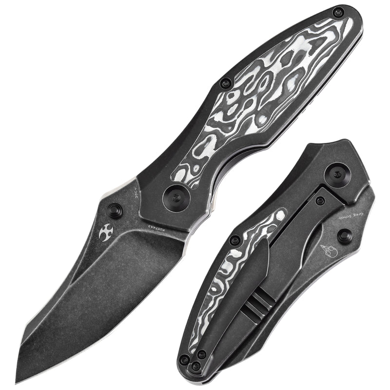 KANSEPT Baba Yaga Thumb Studs Blackwash Ti and Black White Nebula Carbon Fiber Inlay Handle (3.06''CPM 20CV Blade ) Sparrow Knife Design -K1074A3