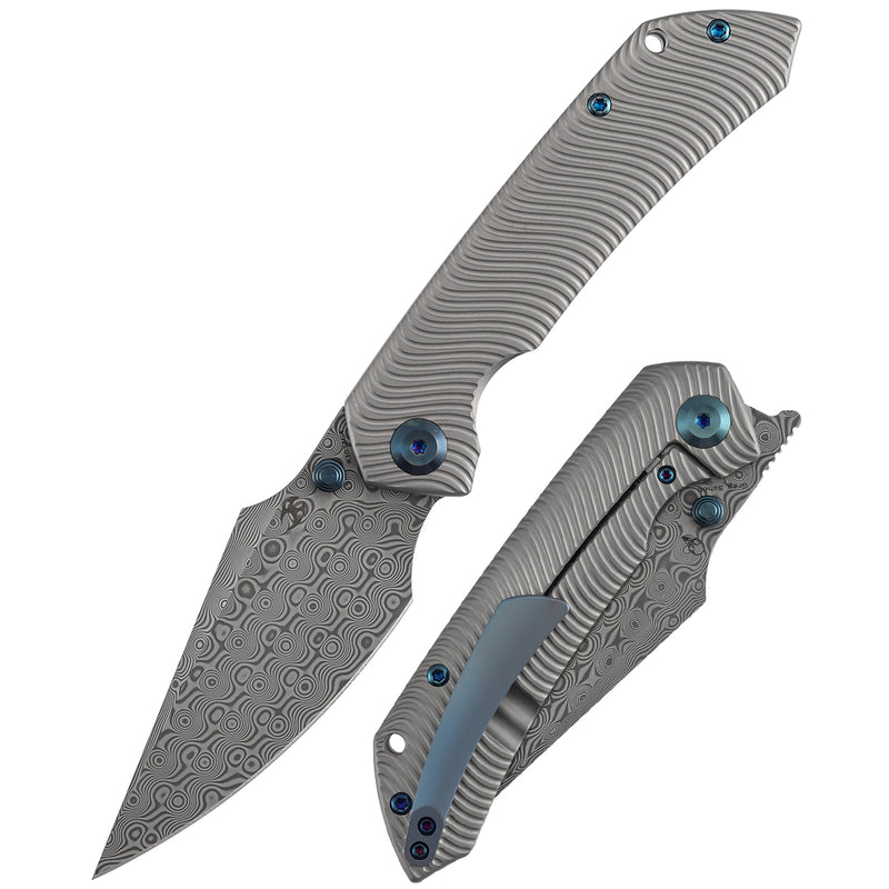 【Preorder】Ship by Dec.20th-KANSEPT Fenrir Frame Lock Beadblasted Titanium with Micro Milled Water Ripple Texture Handle (3.48'' Damascus Blade) Sparrow Knife Designed- K1034C4