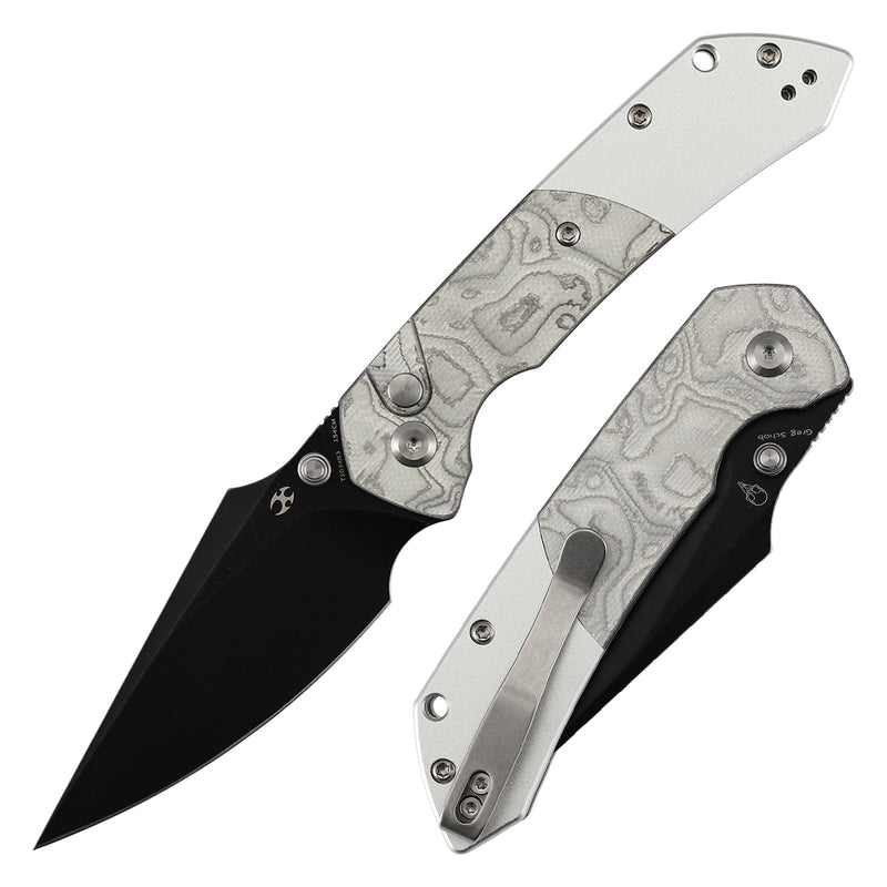 KANSEPT Fenrir Button Lock G-10 with Aluminum Foil Handle (3.45'' Blackwash 154CM Blade) Sparrow Knife Designed- T1034B3