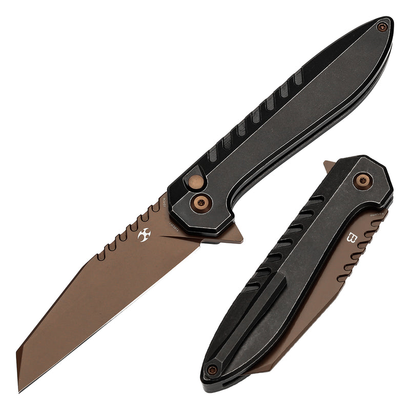 KANSEPT Kosame Button Lock Blackwash Titanium with Black G10 (3.37" Rose Gold Coated 154CM Blade) with EI Spade Design-T1093F7