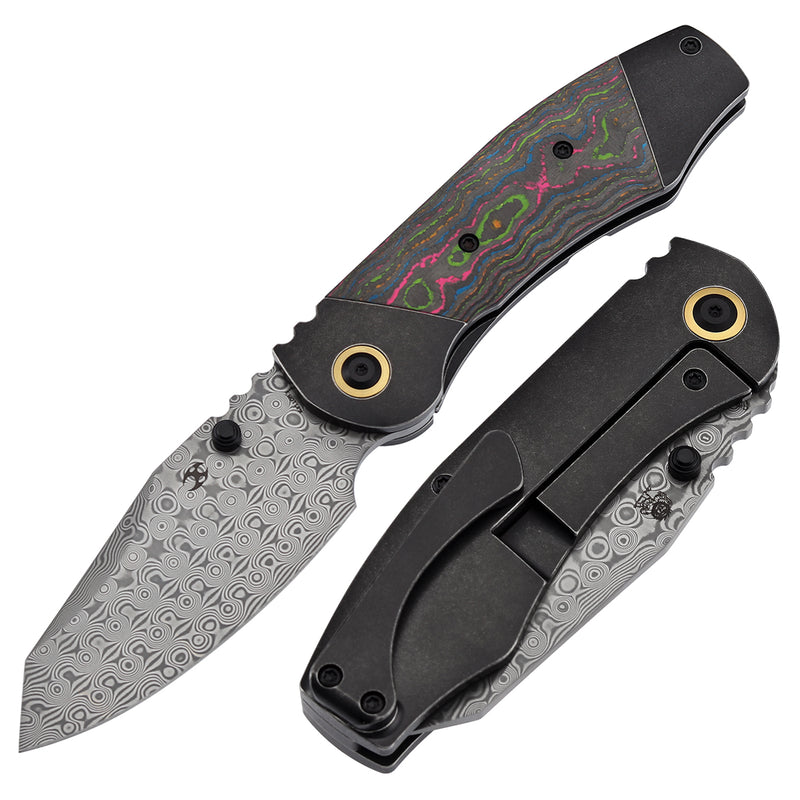 KANSEPT Caveman Thumb Stub Blackwash Titanium wtih 80's CamoCarbon Handle (3.57"Damascus Blade) with Jesse Pauley Design-K1110B3