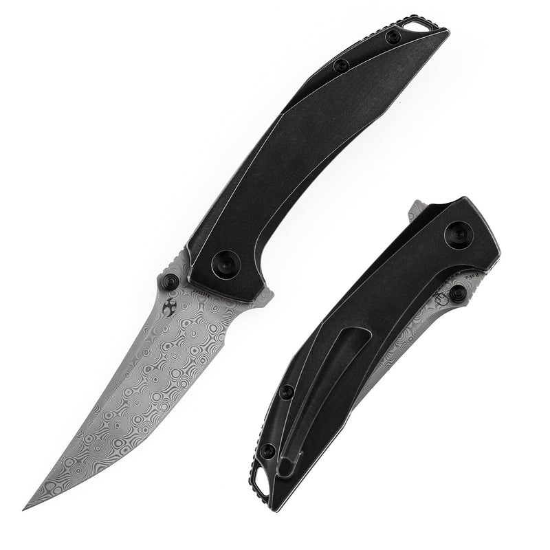 KANSEPT Baku Flipper/Thumb Hole Knife Stonewashed Titanium Handle (3.2'' Damascus Blade)Sparrow Knife Co Design -K1056A5